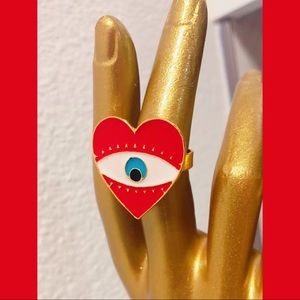 Red Enamel Evil Eye Heart Ring Adjustable Band